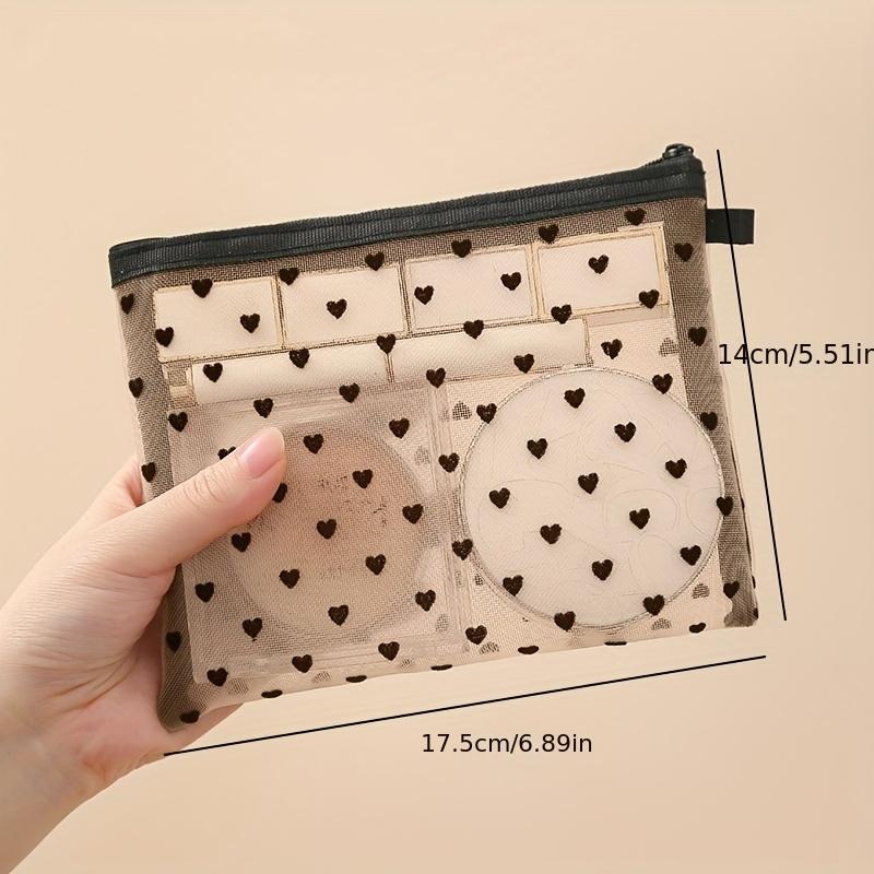 Trendy Mesh Heart Cosmetic Bag, Portable Zipper Toiletry Organizer, Perfect Lipstick Bag Coin Bag Carry-on Storage Bag