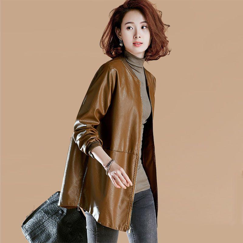 Spring and Autumn Women's Mid Length Leather Jacket PU Baseball Uniform Commute Style Loose and Slimming Faux Leather Coat