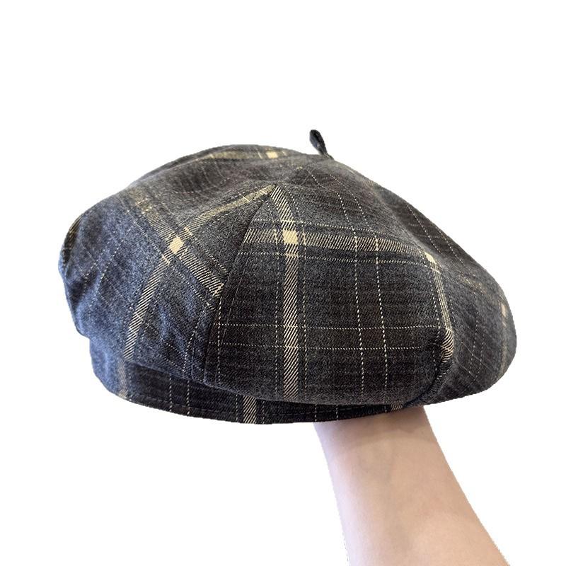 New Korean Dopamine Color Plaid Beret Women's Autumn Sweet British Painter's Hat Plaid Octagonal Hat