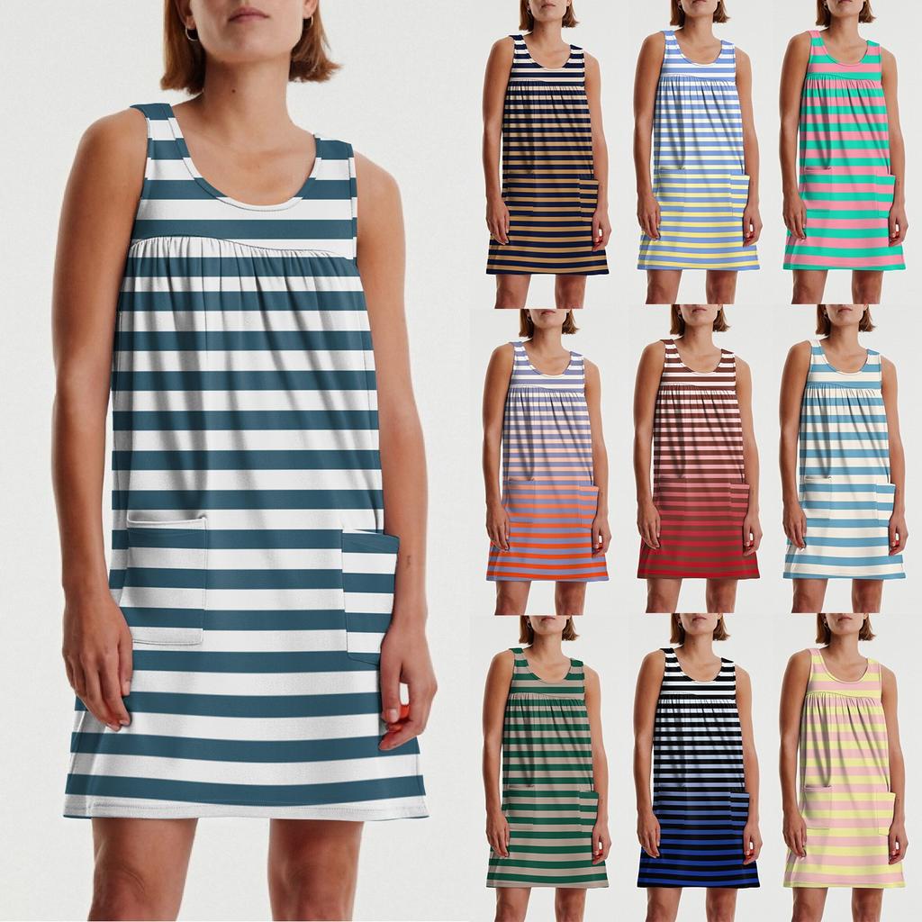 Dámské ležérní a módní šaty bez rukávů s kulatým výstřihem, volného střihu, s potiskem a kapsou