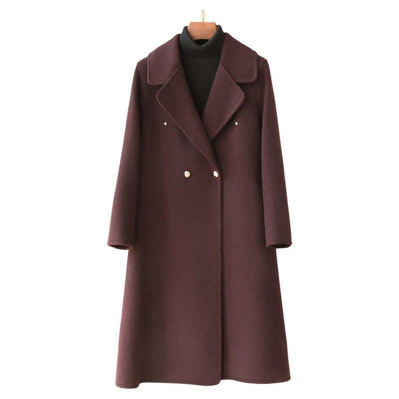 2026 Spring Elegant Double-Breasted Long Wool Coat with Big Lapel for Women