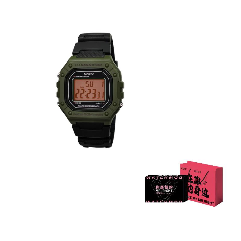 CASIO Custom Collection Часы с кварцевым механизмом и полимерным ремешком Мужские часы Зеленый циферблат W-218H-3A(Watch5--) Black Strap Brown Lens