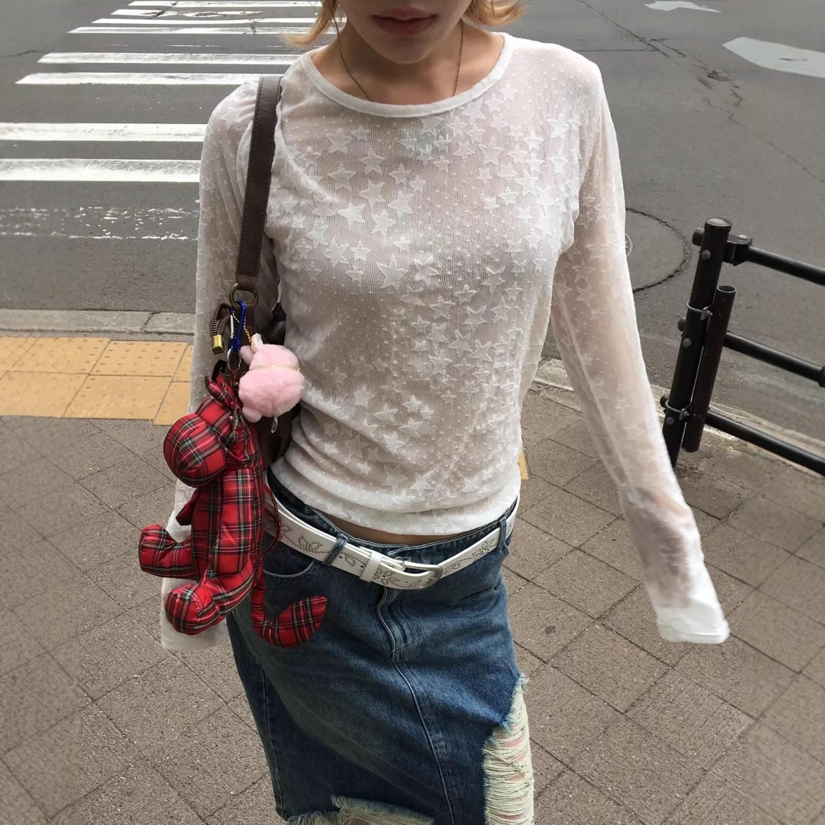 Весенне-летний сетчатый лонгслив со звездами - Женский стиль Y2K, корейский/японский. One Size белый