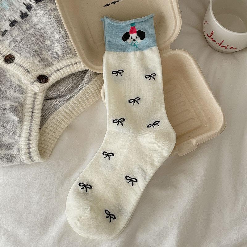 Female Spring and Autumn Assorted Striped Dot Bowknot Cartoon Cute Animal Curled Edge In The Tube Pile Socks