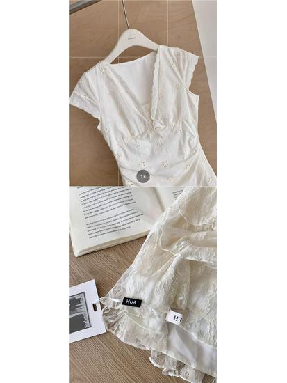 French Retro Lace Embroidered Summer Dress - Women's Slimming Waist-Cinched Two-Piece Style