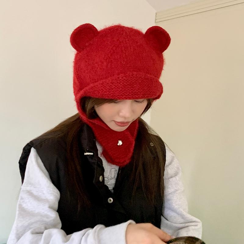 Cute Three-dimensional Bear Ears Wool Hat Women's Autumn and Winter New Warm Knitted Ear Hat Tide