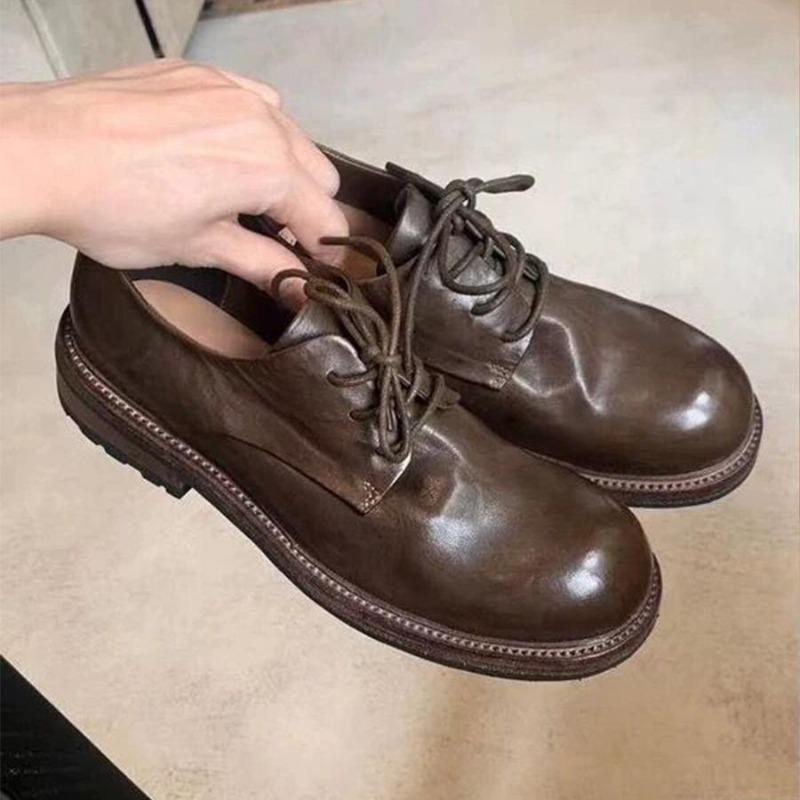 Washed Horse Leather~ Genuine Leather Retro British Lace-up Small Leather Shoes Women's Autumn and Winter New Derby Thick Heel Single Shoes