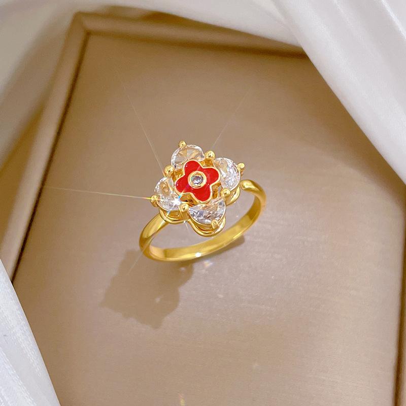 Real Gold Rotating Clover Ring Opening Adjustable Simple Jewelry Japanese Ring Couple Ring