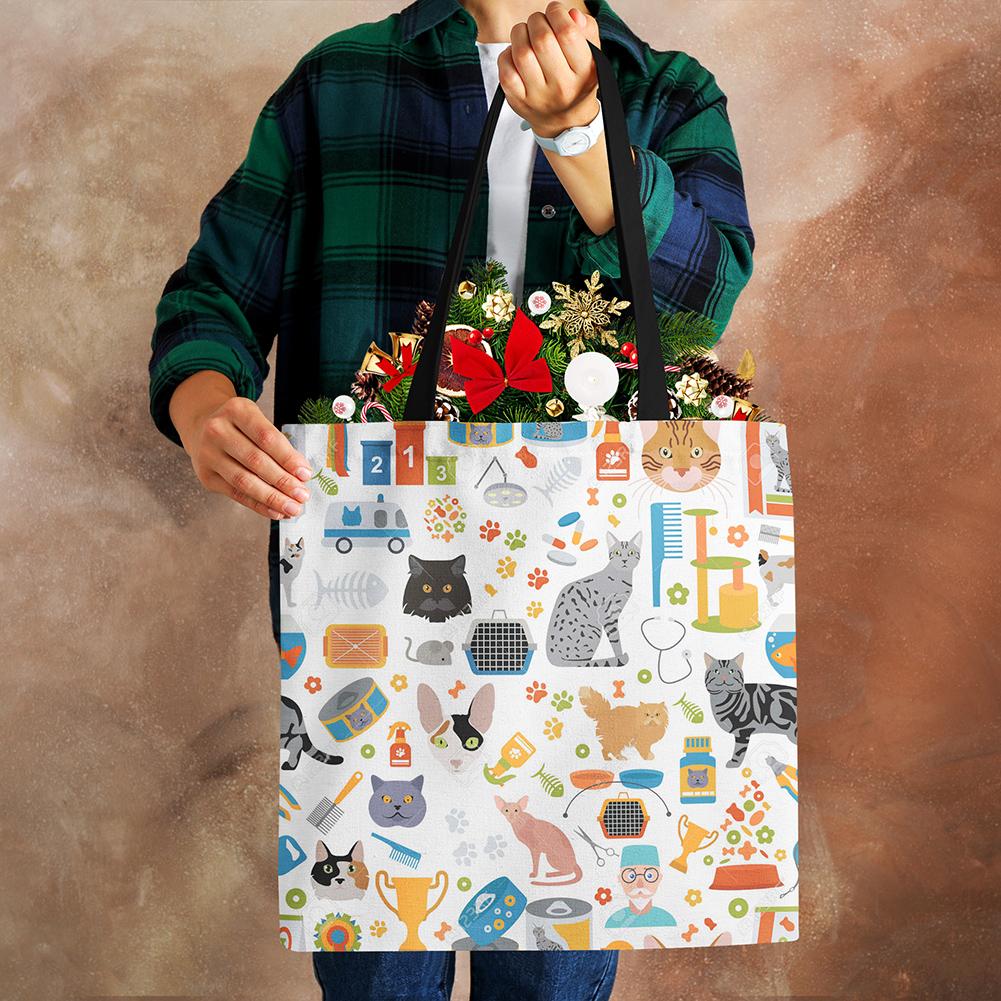 Women Handbag Linen Totes with Family Cat Print Casual Traveling Beach Gift Bags CLE