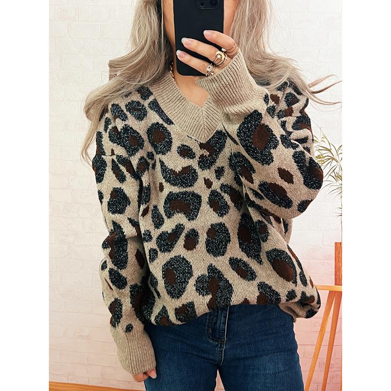 Fashion Sweater Leopard Print Casual Comfortable Loose Street Style Winter Clothes Woman Knitted Long Sleeve V-neck Pullover Top L коричневый 2200₽