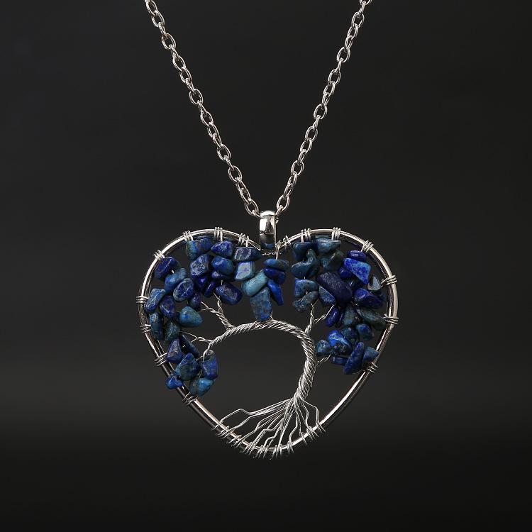 Seven-Color Heart-Shaped Tree of Life Necklace with Natural Stone Crystals