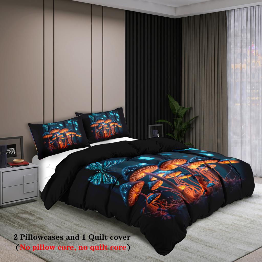 3-piece Set, Glowing Mashroom Pattern Printed Duvet Set, Queen, King, Double Bed, Party  Funny and Creative Bedding Set