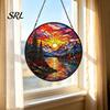 Wall Hanging Landscape Art Stained Glass Style Suncatcher, Mountain Sunset Window Ornament, Colorful Sunrise Decor Sun Catcher for Home Garden,