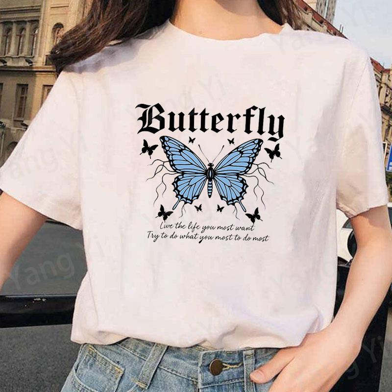 Blue Butterfly Print and Inspirational Slogan Print Tshirt Unisex Women Fashion Round Neck Loose Tee Shirt Streetwear Tshirt Tees