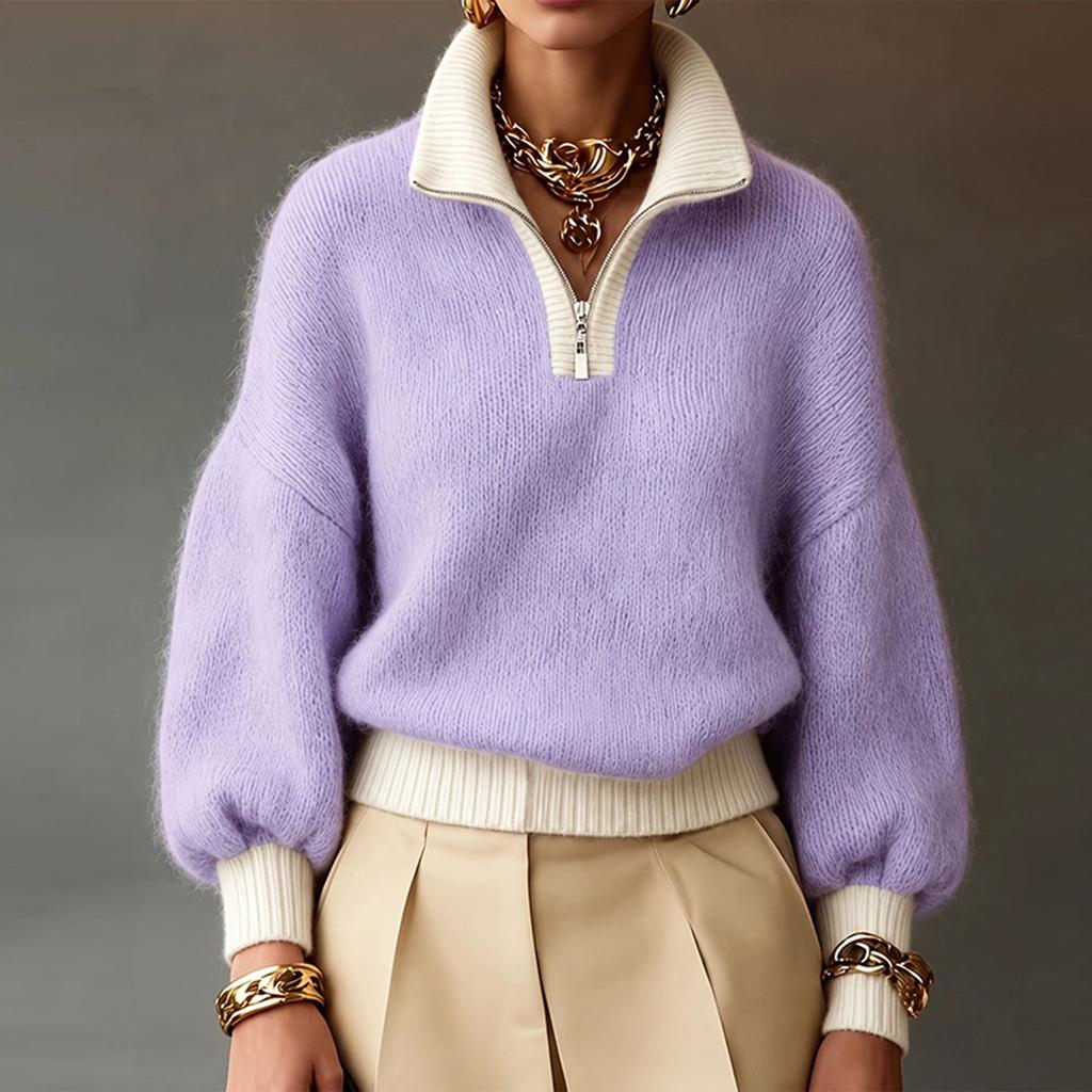 Women's Color Block Half-Zip Turtleneck Knit Sweater Top for Casual Wear