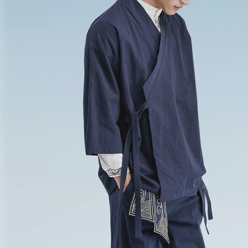 Men's Zen Buddhist Hanfu: Cotton & Linen Taoist Robe, Three-Quarter Sleeve, Spring/Autumn Ancient Style Tea Jacket