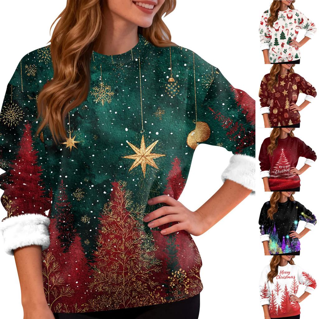 Women's Fashion Casual Long Sleeve Christmas Printed Round Neck Top Sweatshirt