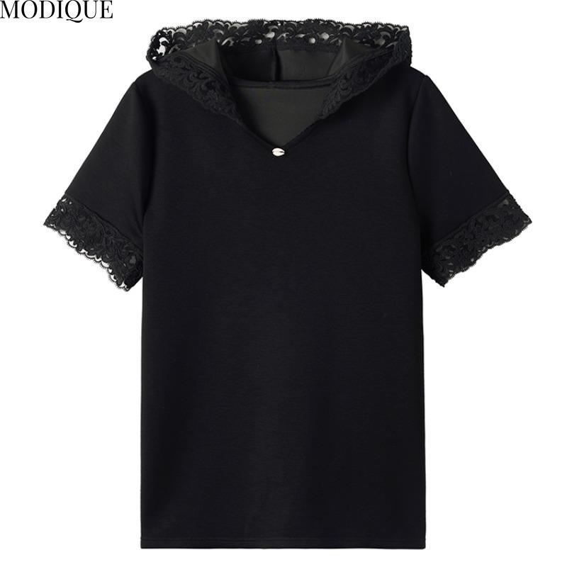 MODIQUE Spring Summer Plus Size New Women Loose Vintage Lace Solid Blouse Shirts Female Casual Oversize Short Sleeve Hooded V-Neck Top