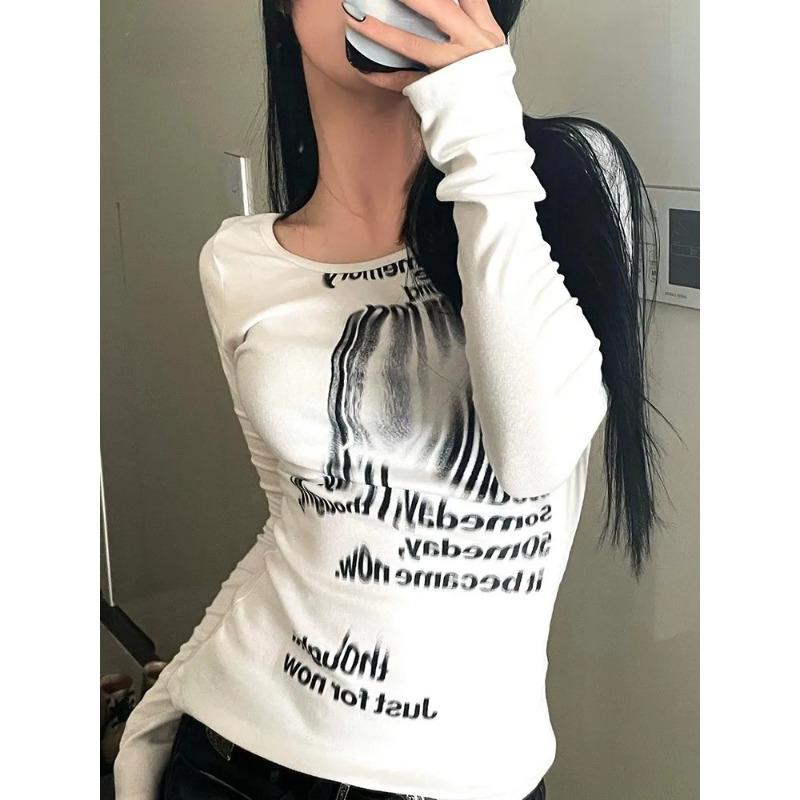 

Tonngirls ретро футболка с принтом граффити женские тонкие укороченные топы с длинным рукавом Y2k топы в стиле гранж уличная одежда американские футболки осень-весна