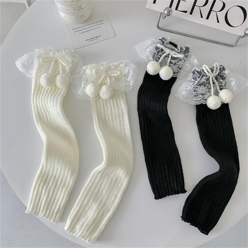 Lolitas Plush Ball Ruffle Frilly Leg Warmers Knitted Leg Sleeves Goth Crochet Ankle Heap Socks JK Uniform Foot Cover