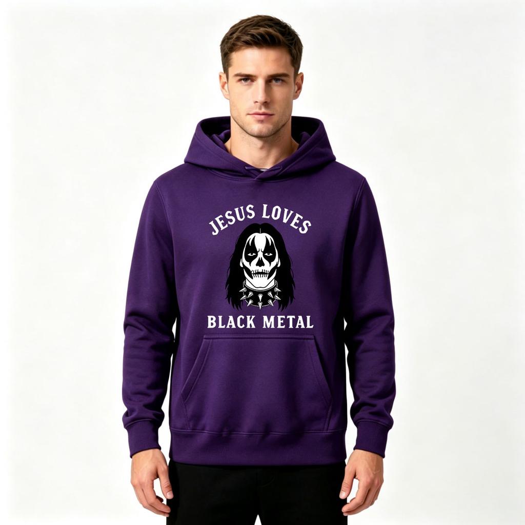 Men's Jesus Loves Black Metal Print Pullover Hoodie Casual Long Sleeve Sweatshirt