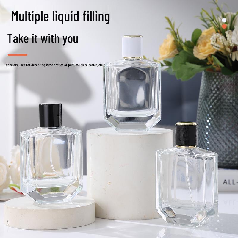 Flat Transparent Bayonet-Press Glass Perfume Bottle with Lid - Portable and Simple Spray Decanting Bottle
