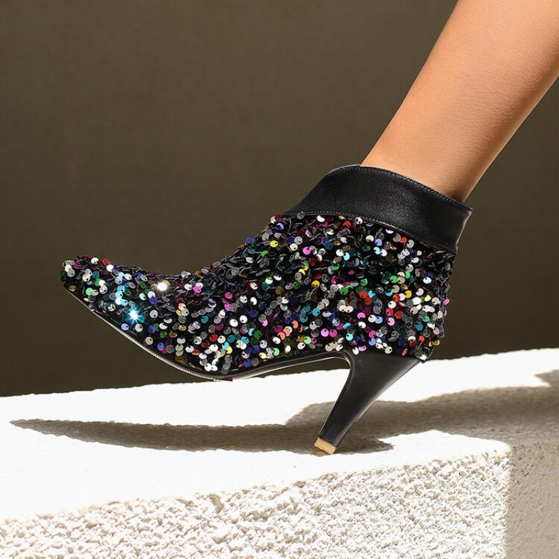 Fashion New Silver Sequin 8cm High-heeled Short Boots European American Autumn Winter Fashionable Elegant Women Ankle Boots Size 34-47