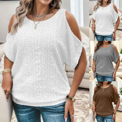 Women Summer Off Shoulder Short Sleeve O Neck Solid Color Pullover T Shirt Top