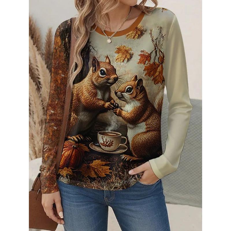 Women's Autumn and Winter 3D Printed Crew Neck Long Sleeve T-Shirt Fashion Versatile Trend Breathable Casual