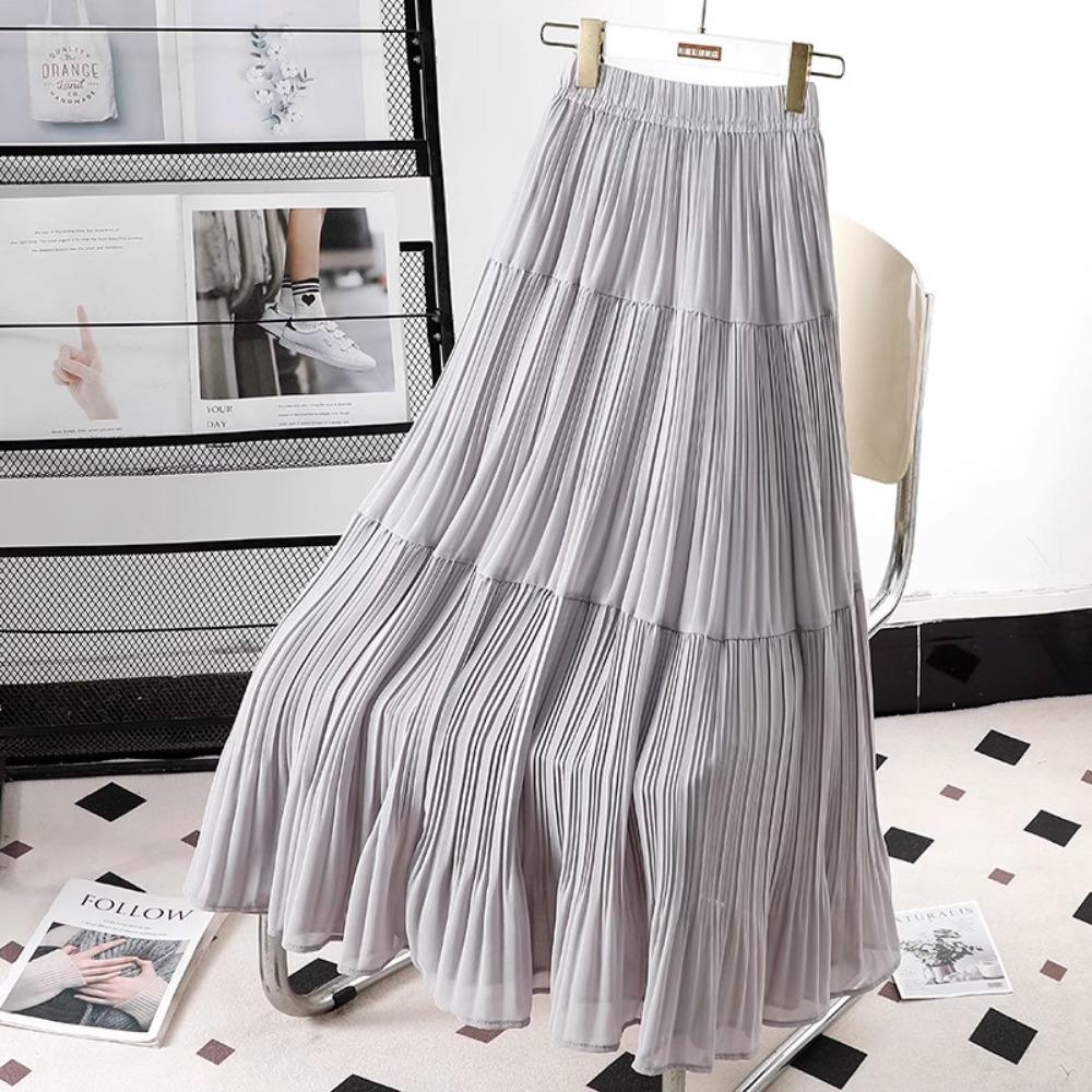 DIMANAF 2026 Summer Women New Skirts Chiffon Solid Elastic Waist Pleated Mesh Elegant Skirts