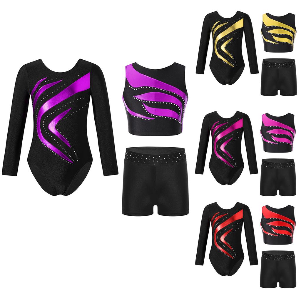 Girls Gymnastics Dance Set Long Sleeve Metallic Patchwork Leotard Crop Top and Rhinestone Waistband Shorts