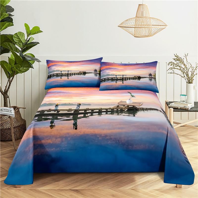 Seaside Scenery 0.9/1.2/1.5/1.8/2.0m Digital Printing Sturdy Polyester Bed Flat Sheet With Pillowcase Print Pattern Bed Ensemble