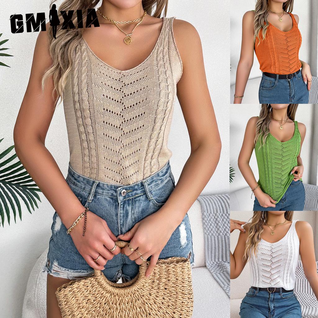 GMXIA Spring and Summer Casual Solid Color V-neck Cut-out Top Vacation Knitted Sweater Women's Wear