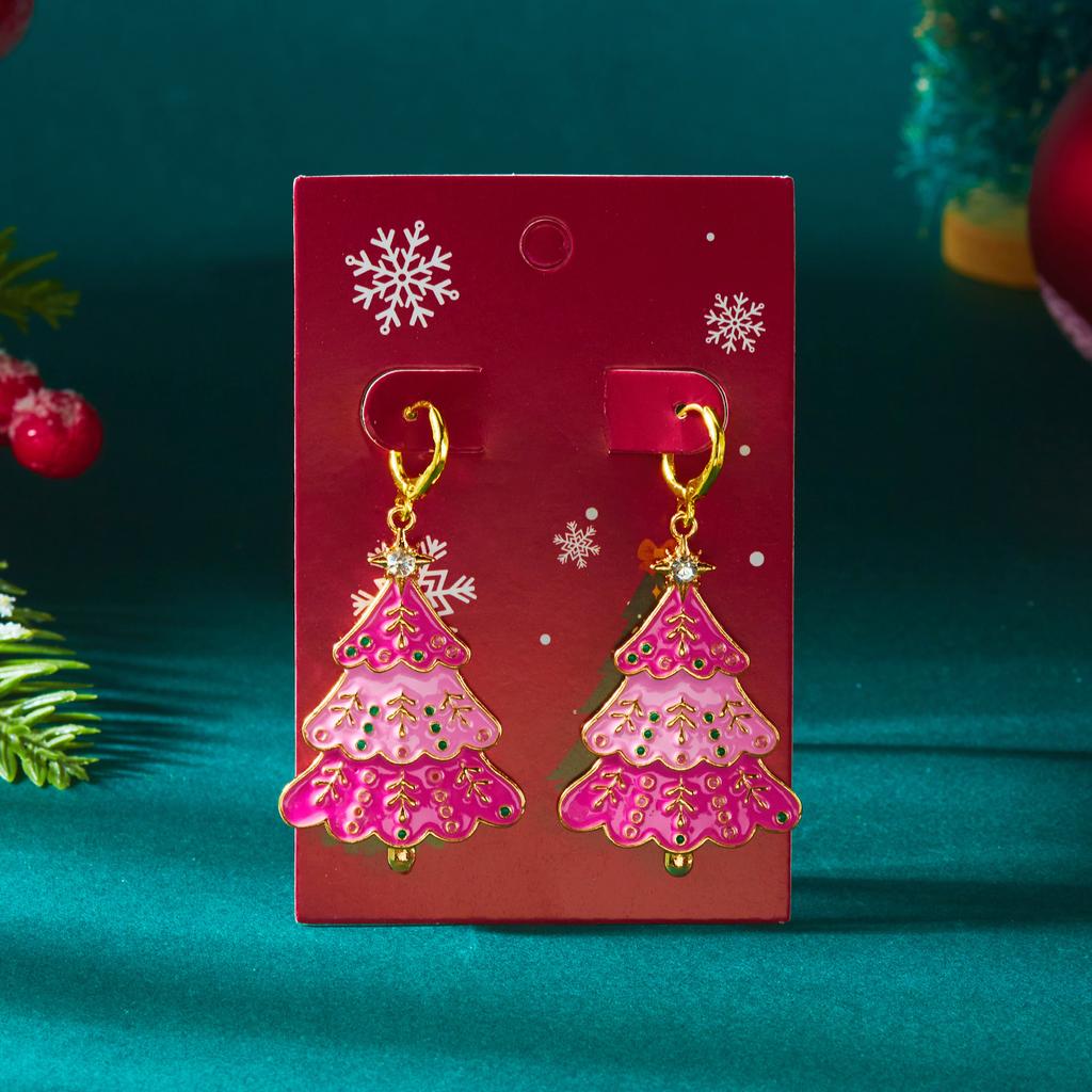 Sweet Enamel Pink Christmas Tree Drop Earrings for Women Fashion Simple Hollow Snowman Earrings Girls Xmas New Year Jewelry Gift