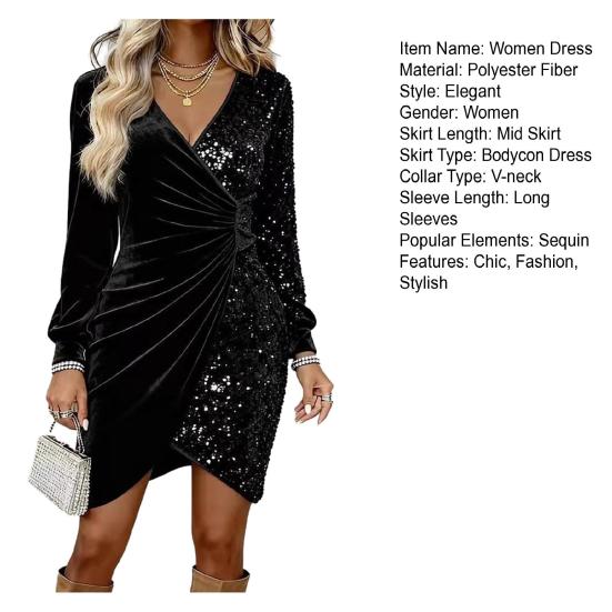Damen Pailletten Samt Wickel Mini Kleid Langarm V-Ausschnitt Raffiniertes Bodycon Kleid Hochzeitsgast Abendkleid Formales Cocktailparty Kleid