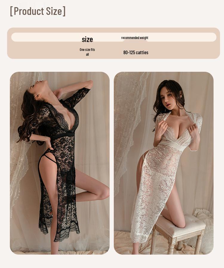Elegant Lace Temptation Long Dress with Side Slit - Women's Sexy Nightgown Sleepwear