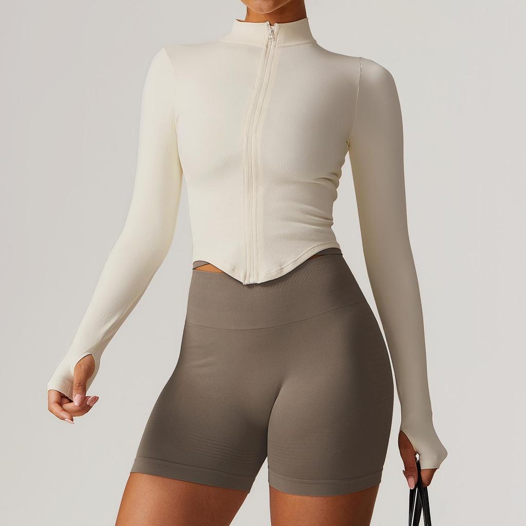 "Damska szybkoschnąca kurtka do jogi z długim rękawem zapinana na zamek, ze stójką 7725 - Krój europejski i amerykański, Top sportowy do fitnessu na zewnątrz"