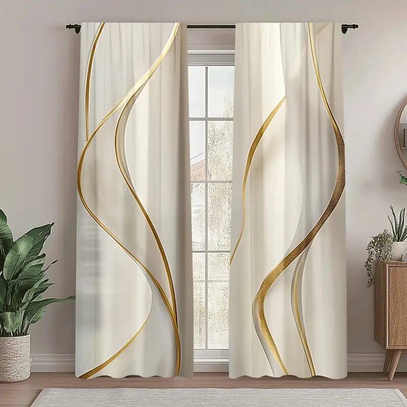 2pcs -Golden S-shaped Lines Print Curtains, Pole Bag Curtains, Home Decoration, Room Decoration