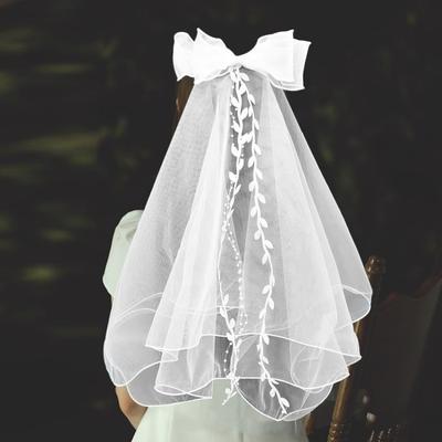 Bridal Bowknot Decor Double Layer Head Veil with Hair Comb Wedding Photography Performance Princess Bow Veil Hair Accessories