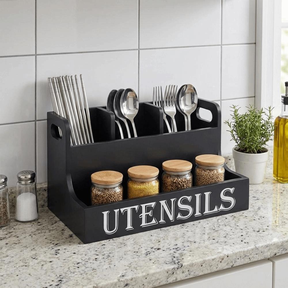 Wooden Spoon Fork Storage Box Space Saving Tableware Storage Rack Silverware Holder Living Room