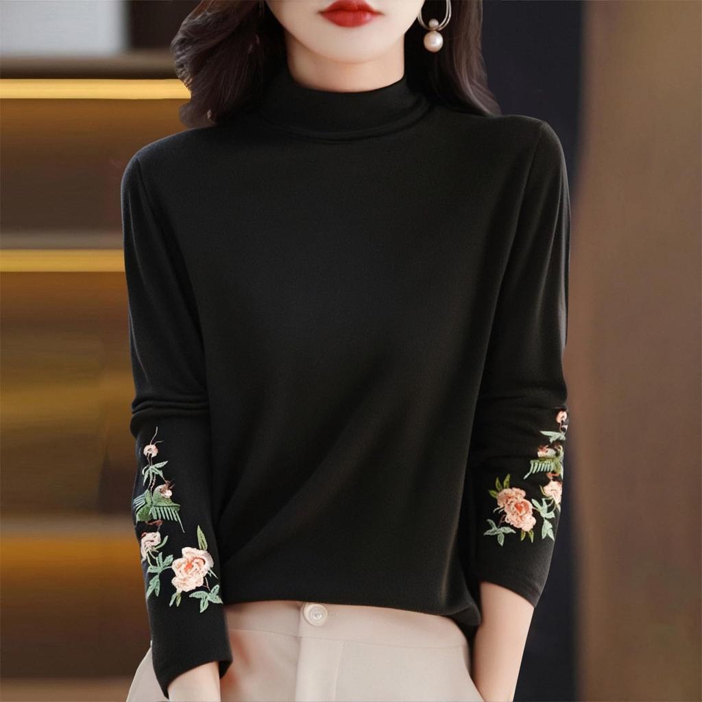 Women's Fashion Retro Velvet Literary Embroidery High Neck Long Sleeve T-Shirt Top