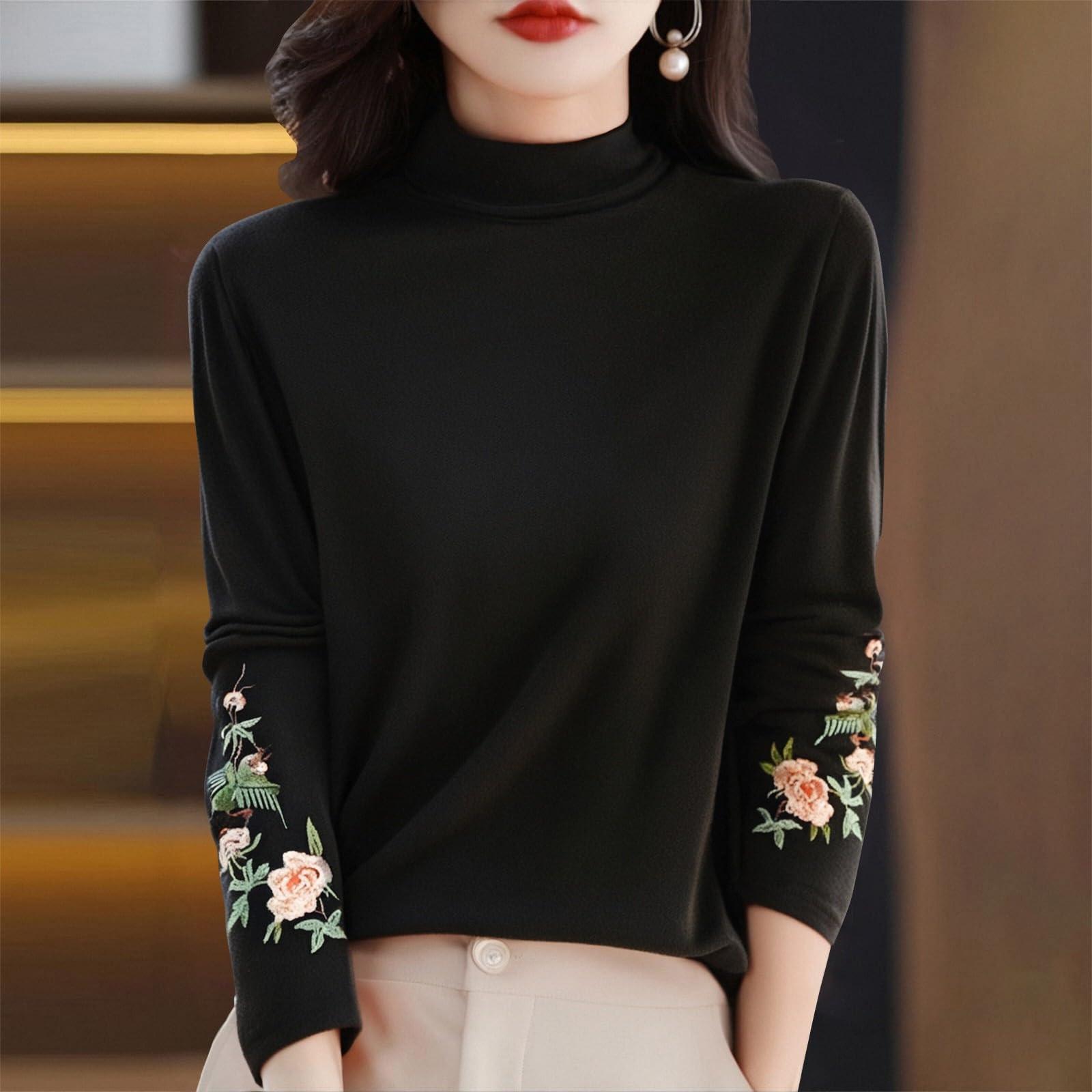 

Women s Fashion Retro Velvet Literary Embroidery High Neck Long Sleeve T-Shirt Top M чёрный