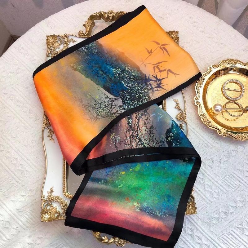 

Scarf: premium mulberry silk scarf - serene floral, versatile double-layered, double-sided decorative collar scarf 15*145CM
