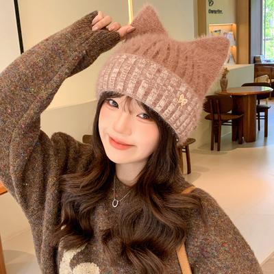 Women Cute Cat Ear Winter Hat Faux Fur Knitted Hat Kpop Style Soft Beanie Hats Female Candy Colors Streetwear Cap