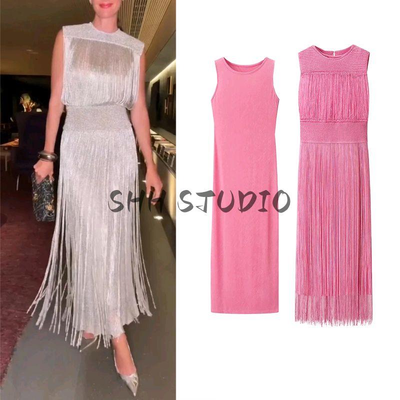 Summer New Product Women's Clothes Fashion Style round Neck Sleeveless Decorated Tassel Knitting Evening Dress Clothing Dress Two-piece Set