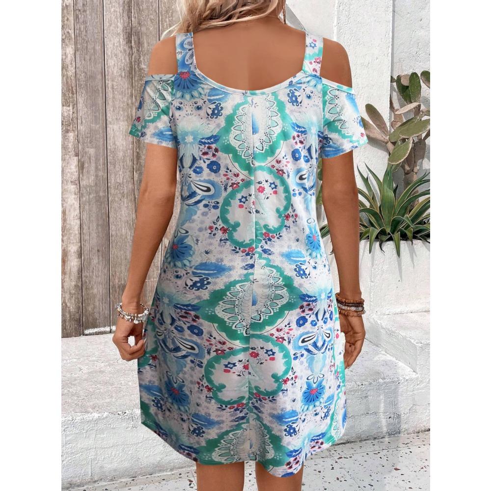 Summer Casual Cold Shoulder Dresses for Women 2025 Trendy Boho Ethnic Floral Tribal Marble Print V Neck Mini Dress