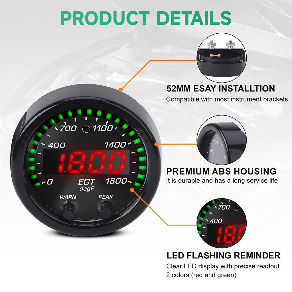 Car Digital Exhaust Gas Temperature EGT gauge 30-0305-ACC 52MM 1800F/1000C thermometer exhaust temp gauge Car Meter With Sensor