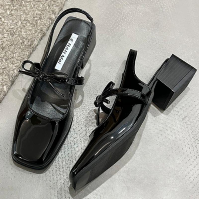 Fashion Spring Baotou Sandals New Square Head Shallow Mouth Butterfly Knot A Word Buckle Strap Anti-slip Wear Thick Heel Shoes