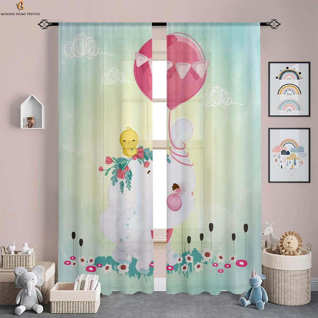 Window Curtains Cute Cartoon Elephant Print Curtains Machine Washable Bedroom Living Room Study Children'S Room Curtains 2 Pcs