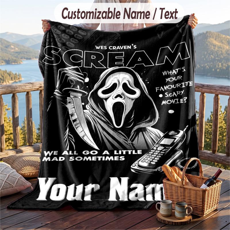 Custom Text Flannel Throw Blanket, Lightweight Cozy Bed Sofa BlanketScream Ghostface